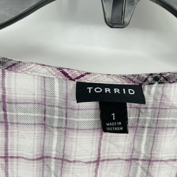 Torrid Purple Plaid Challis Tie Fromt Midi Dolman Blouse Size 1 1X - Picture 6 of 8